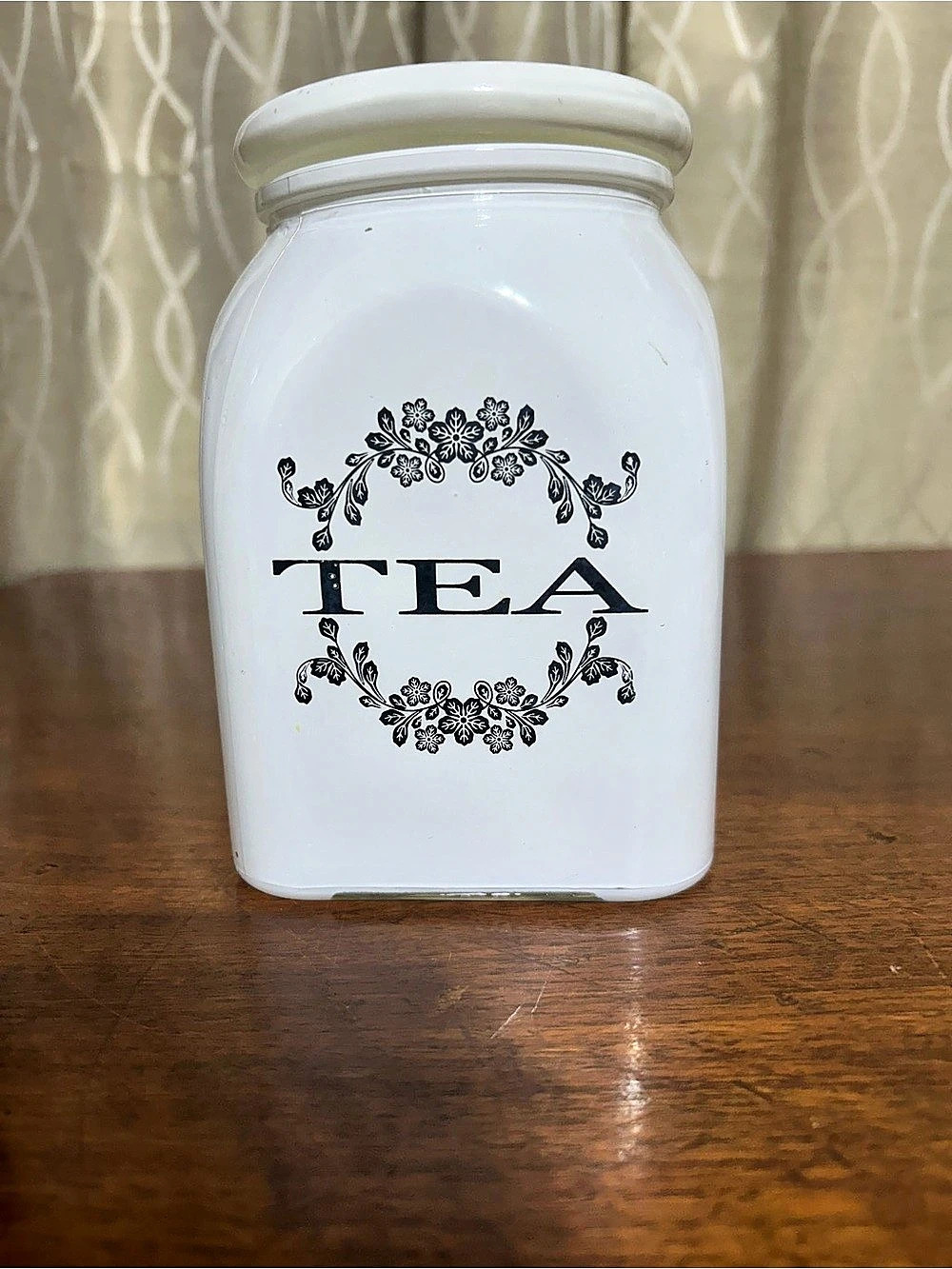 White Glass TEA Canister with Lid
6”x 4”